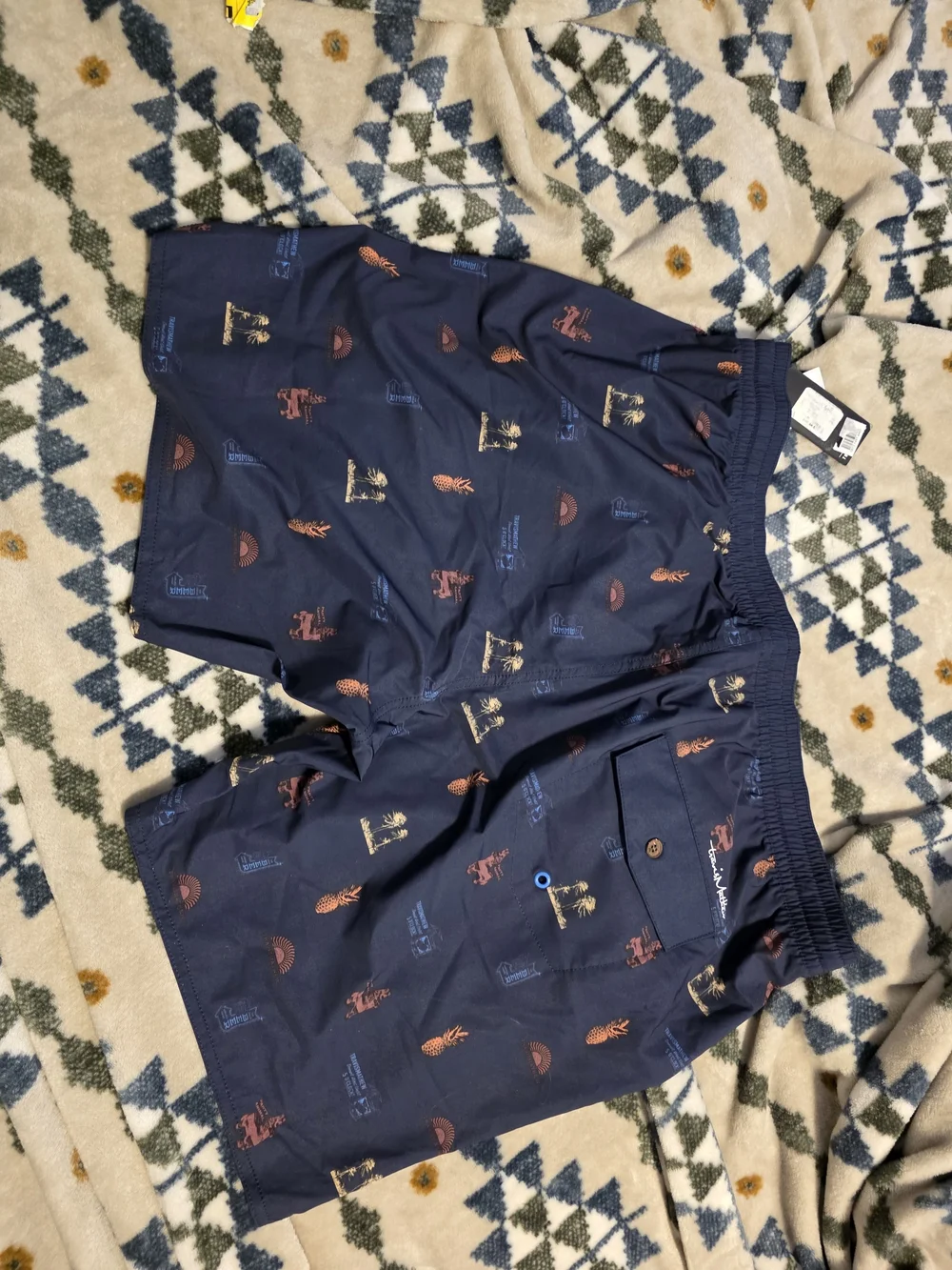 Travis Mathew Navy Blue Patterned Swim Board Shorts